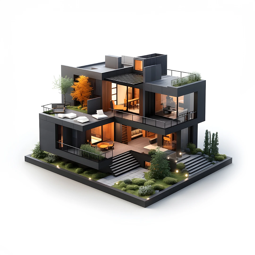3D modellenmiş villa: sanal tur için hazırlanan sahne